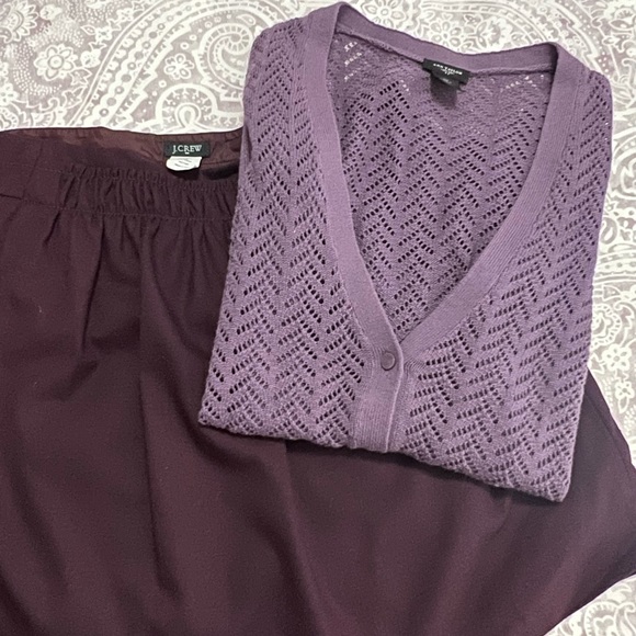 J. Crew purple wool blend lined short skirt. Ann Taylor XS coordinating sweater - Picture 1 of 7